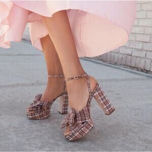 Loeffler Randall Natalia Plaid Platform Bow Heels Brown Pink